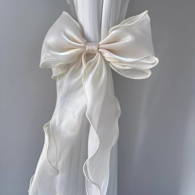 RandomParty 2 Pack French Silky Bow Curtain Tiebacks, Elegant Lace Ribbon for Curtains Decorative Rope Accessories Home Décor (White,2) - Image 2